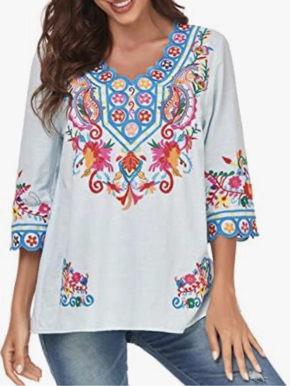YZXDORWJ Tunic Top Light Blue with Colorful Floral Embroidery 100% Cotton Hippie